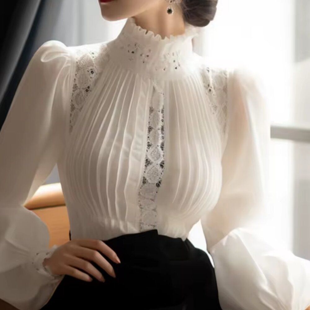 High-Neck White Lace Pintuck Blouse